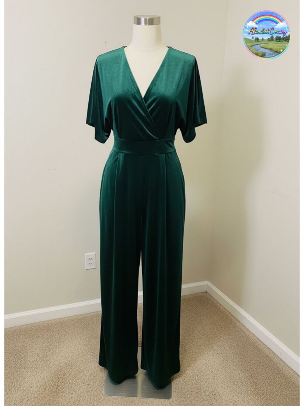 Velvet V Neck Short Sleeve Wide Leg Jumpsuit Romper with Pockets